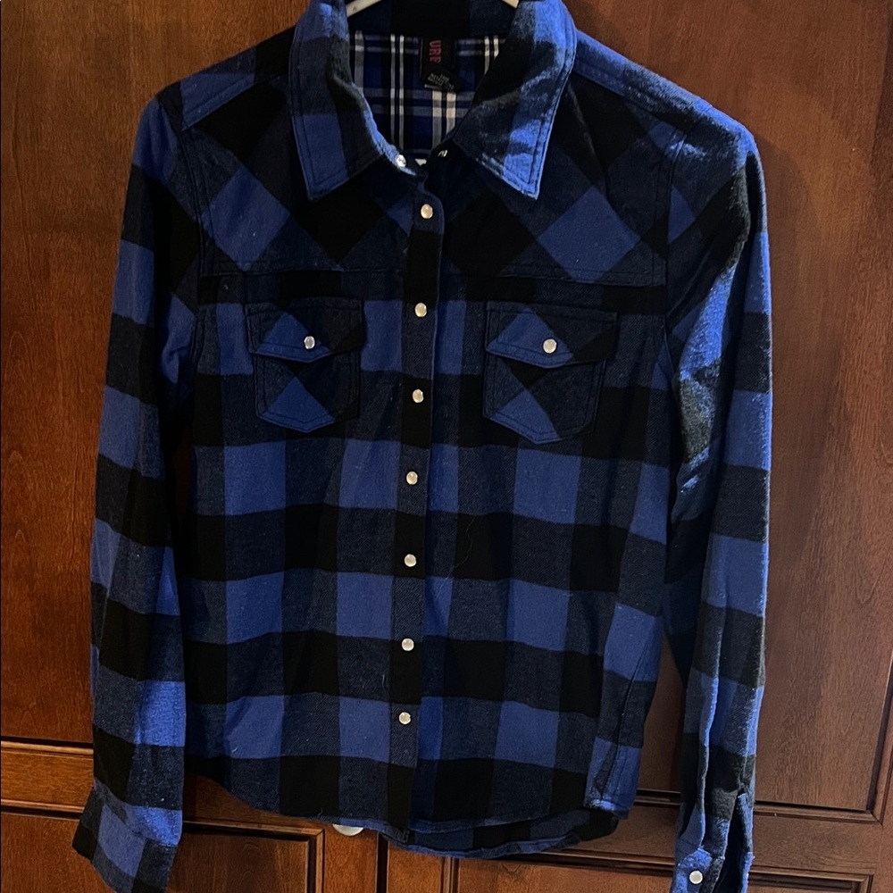 Blue and Black Checkered Flannel Shirt